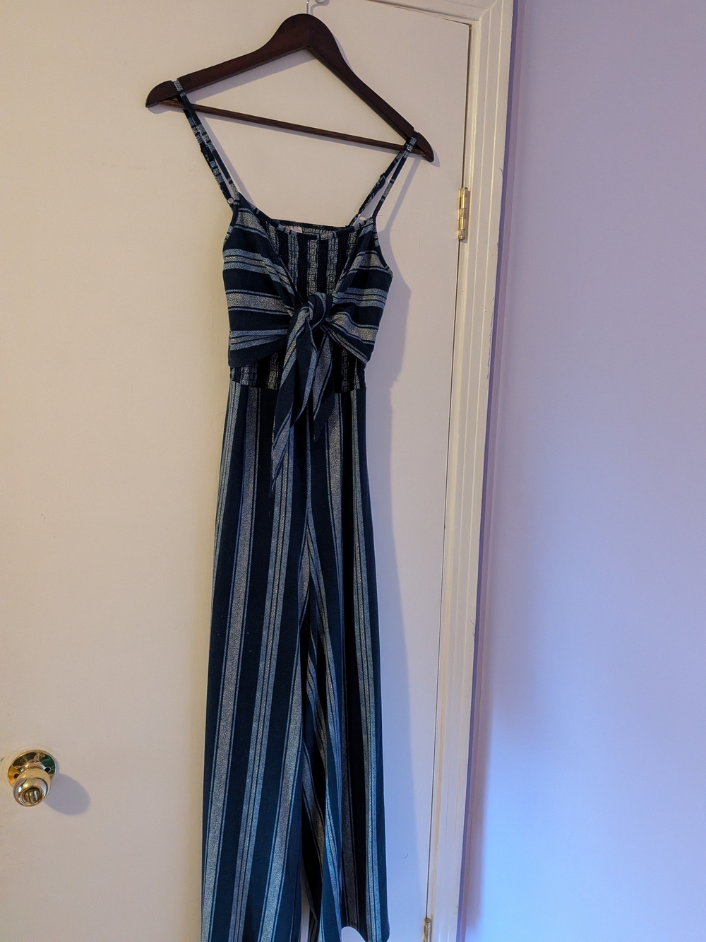 Striped Navy Blue Tie-Front Wide-Leg Jumpsuit